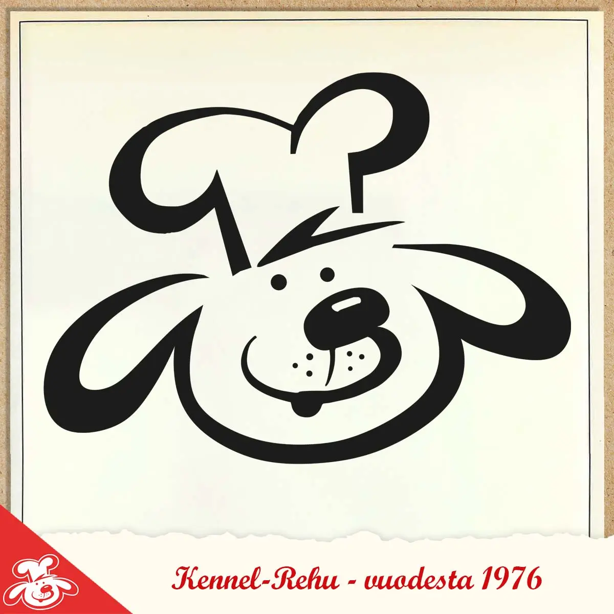 Kuva 5. Kennel-Rehun liikemerkki, Kokkikoira. Piirretty koirahahmo kokinhattu päässä.