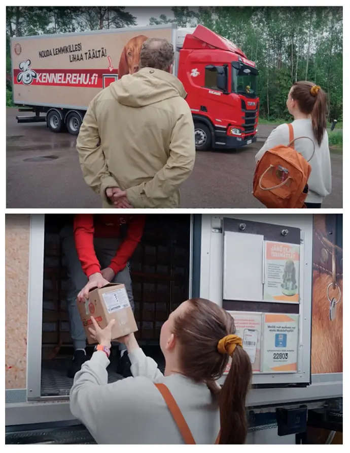 kaksi kuvaa. ylemmässä punainen kuorma-auto sekä  mies ja nainen selin kameraan odottamassa autoa. Alemmassa kuvassa nainen ottaa vastaan autosta ojennettua pahvilaatikkoa.