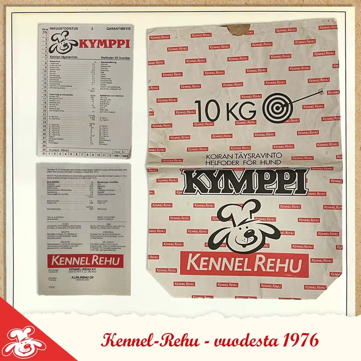 Kuva tyhjästä koiranruokasäkistä vuodelta 1991 sekä kaksipuolinen ravintoanalyysikortti ko. säkistä.
