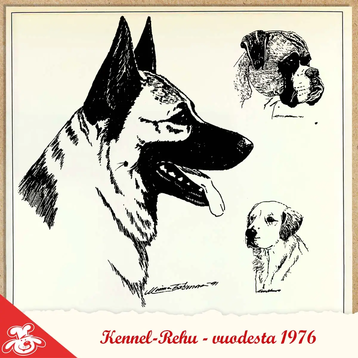 10. Piirretyt koirahahmot saksanpaimenkoira, bokseri ja kultainennoutaja